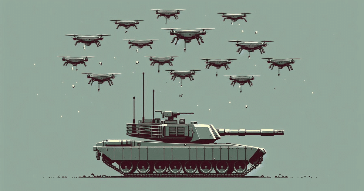 Un enjambre de drones sobrevuela un tanque.