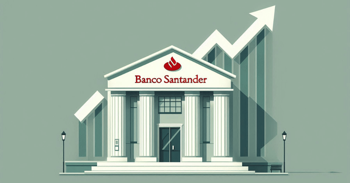 Una sucursal del Banco Santander con una gráfica de barras detrás.