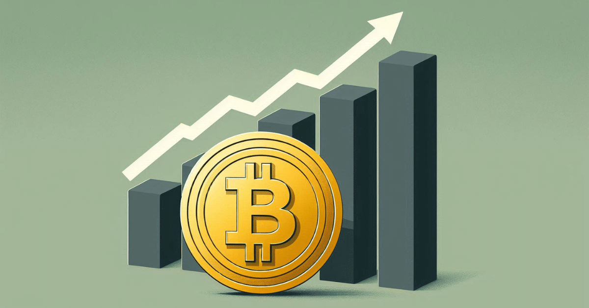 Una moneda de bitcoin con una gráfica de barras ascendente detrás.